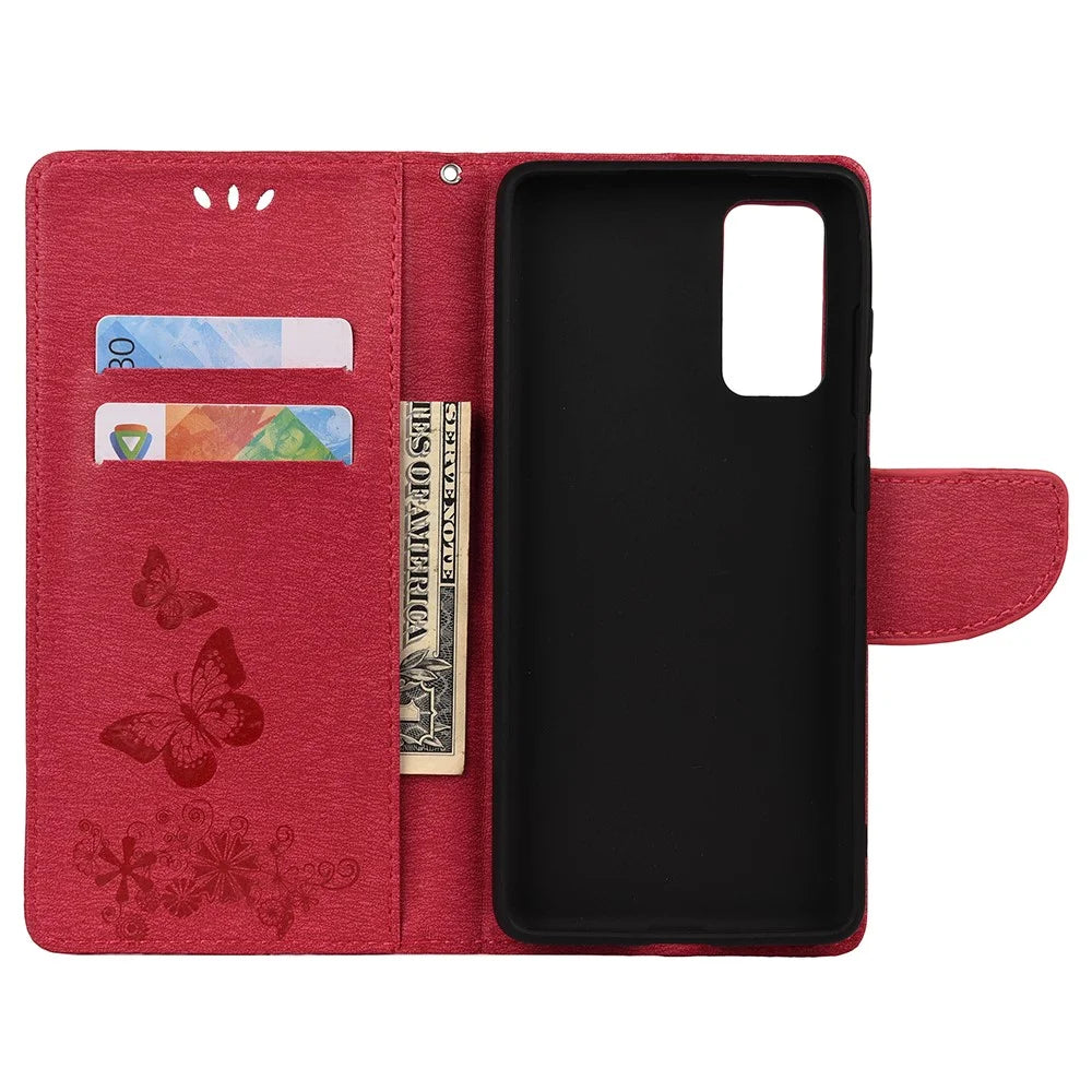 Imprint Butterflies Flower Wallet Stand Leather Case Smartphone Cover Shell for Samsung Galaxy A52 4G/5G / A52s 5G - Red - 6