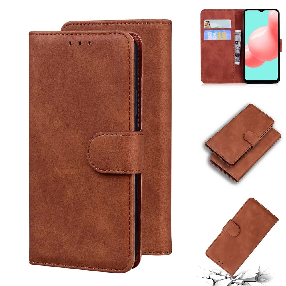 Wallet Stand Plain Leather Phone Case for Samsung Galaxy A32 5G/M32 5G - Brown - 1