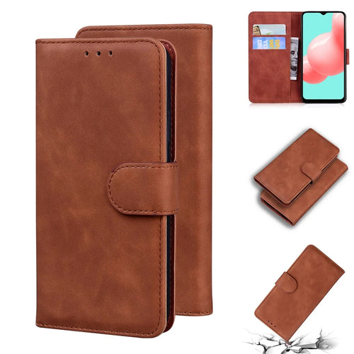 Wallet Stand Plain Leather Phone Case for Samsung Galaxy A32 5G/M32 5G - Brown - 1