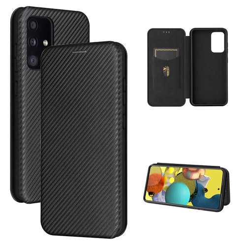 Card Holder Carbon Fiber Leather Auto-absorbed Cover Case for Samsung Galaxy A52 4G/5G / A52s 5G - Black - 1