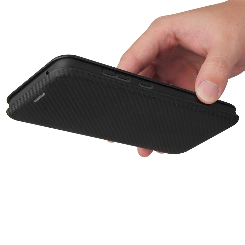 Card Holder Carbon Fiber Leather Auto-absorbed Cover Case for Samsung Galaxy A52 4G/5G / A52s 5G - Black - 3