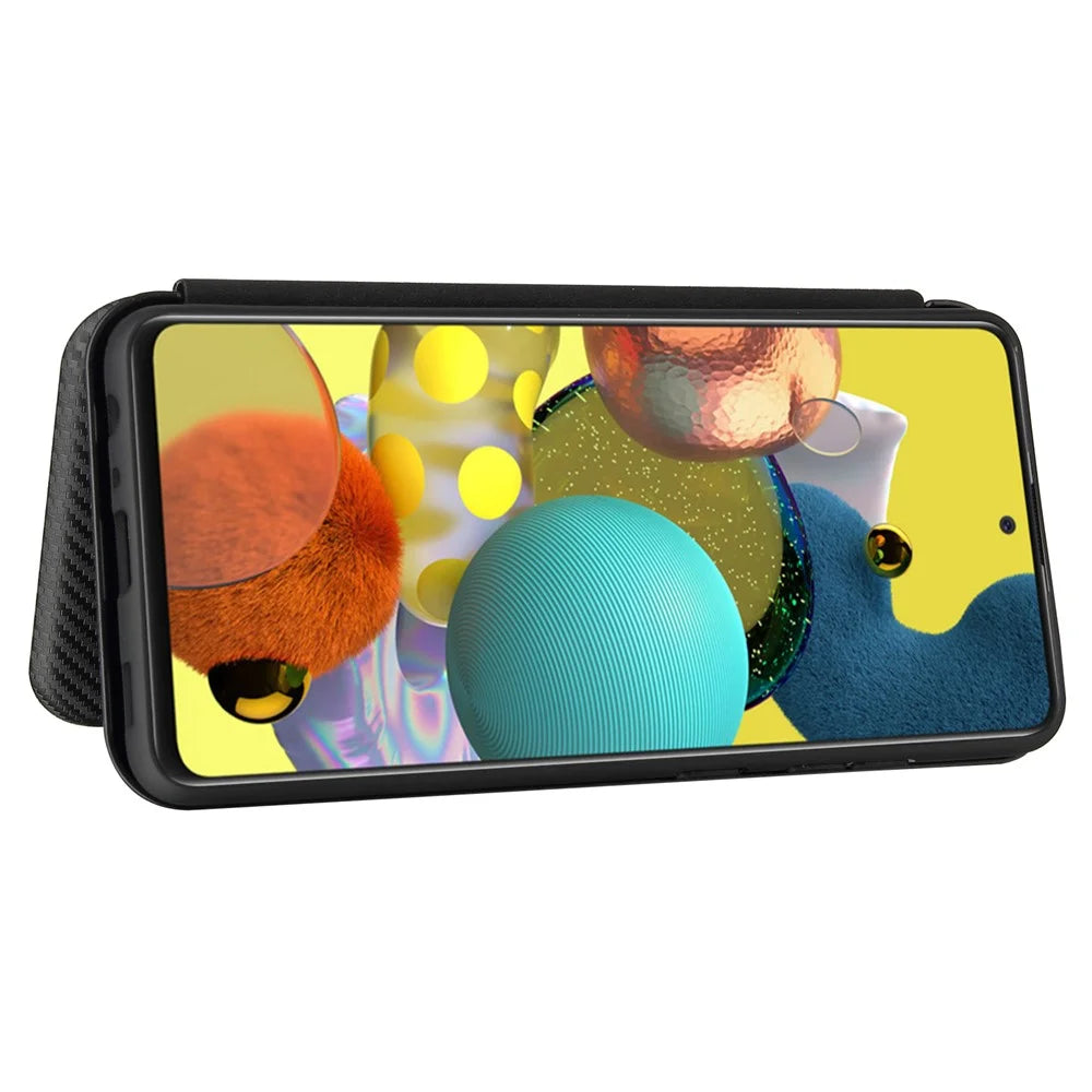 Card Holder Carbon Fiber Leather Auto-absorbed Cover Case for Samsung Galaxy A52 4G/5G / A52s 5G - Black - 4