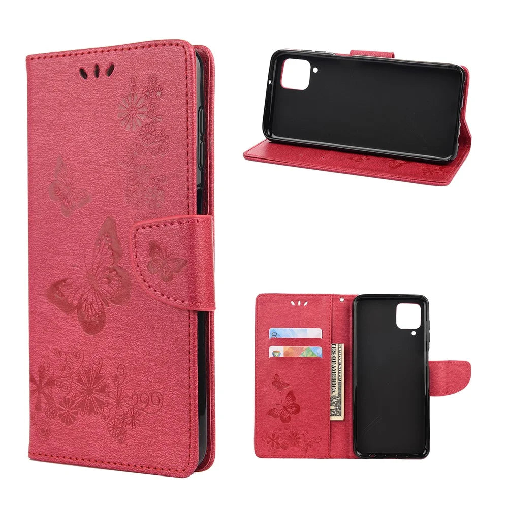 Imprinted Butterflies Flower Leather Wallet Stand Case for Samsung Galaxy A12 - Red - 1