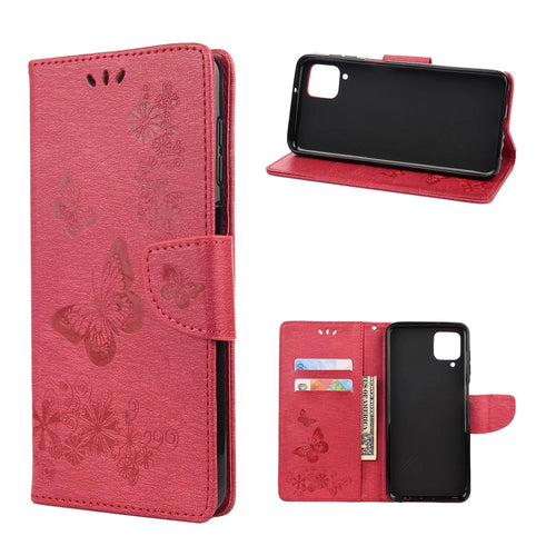 Imprinted Butterflies Flower Leather Wallet Stand Case for Samsung Galaxy A12 - Red - 1
