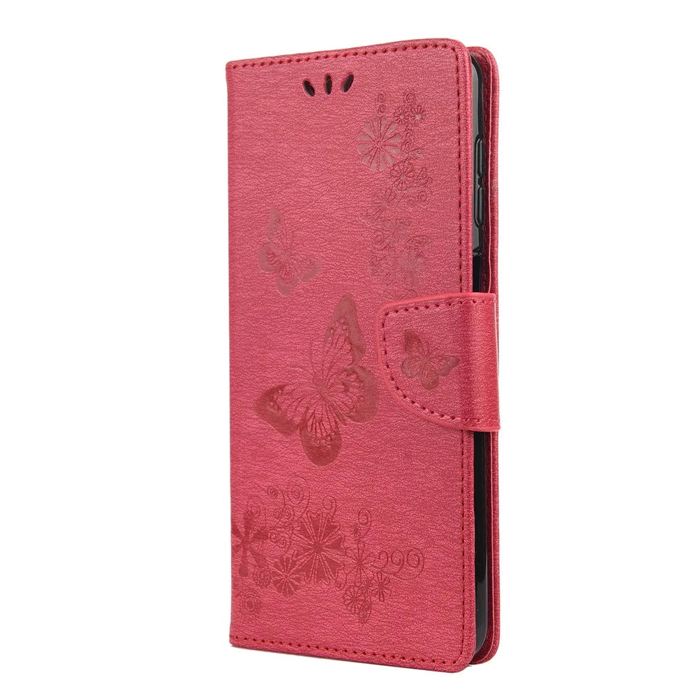 Imprinted Butterflies Flower Leather Wallet Stand Case for Samsung Galaxy A12 - Red - 2