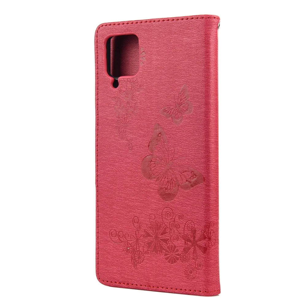 Imprinted Butterflies Flower Leather Wallet Stand Case for Samsung Galaxy A12 - Red - 3