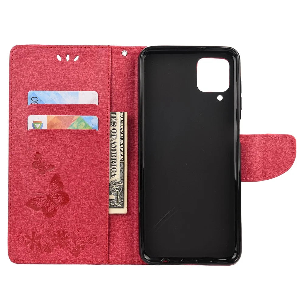 Imprinted Butterflies Flower Leather Wallet Stand Case for Samsung Galaxy A12 - Red - 4