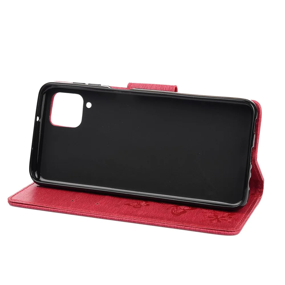 Imprinted Butterflies Flower Leather Wallet Stand Case for Samsung Galaxy A12 - Red - 5
