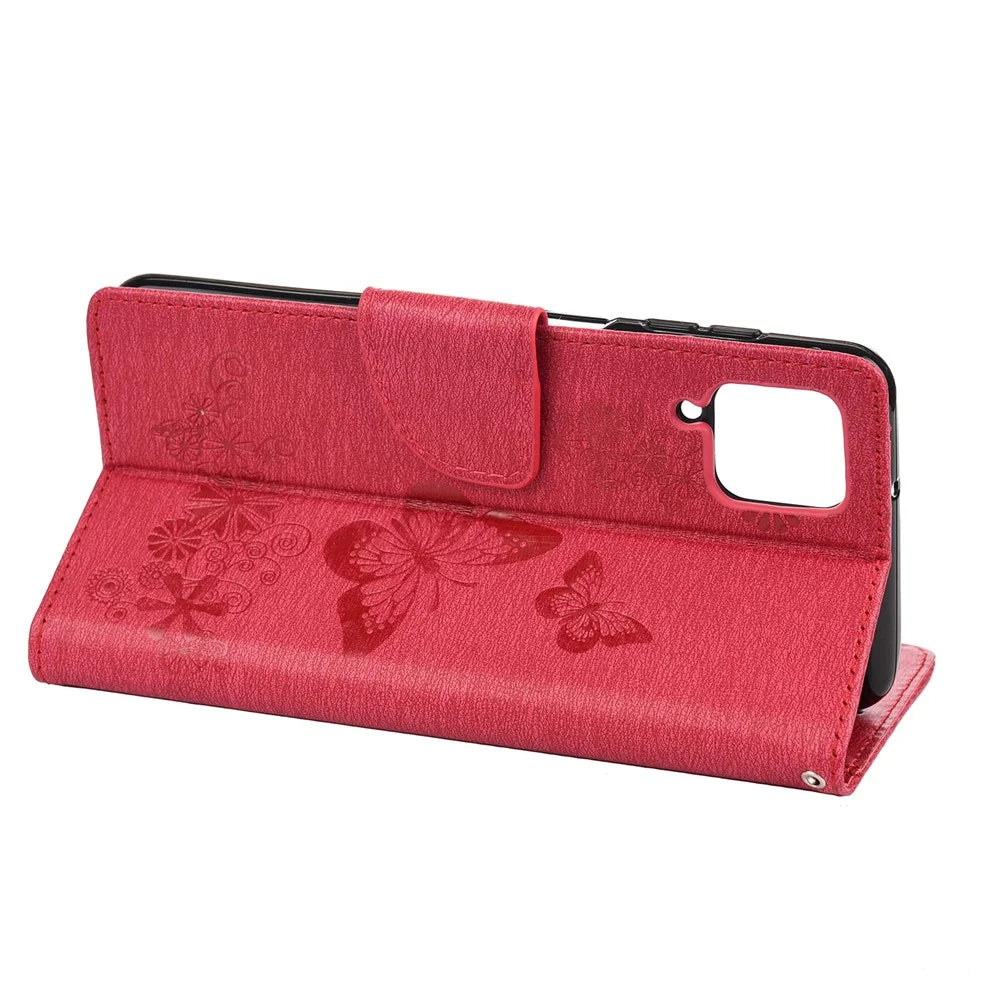 Imprinted Butterflies Flower Leather Wallet Stand Case for Samsung Galaxy A12 - Red - 6