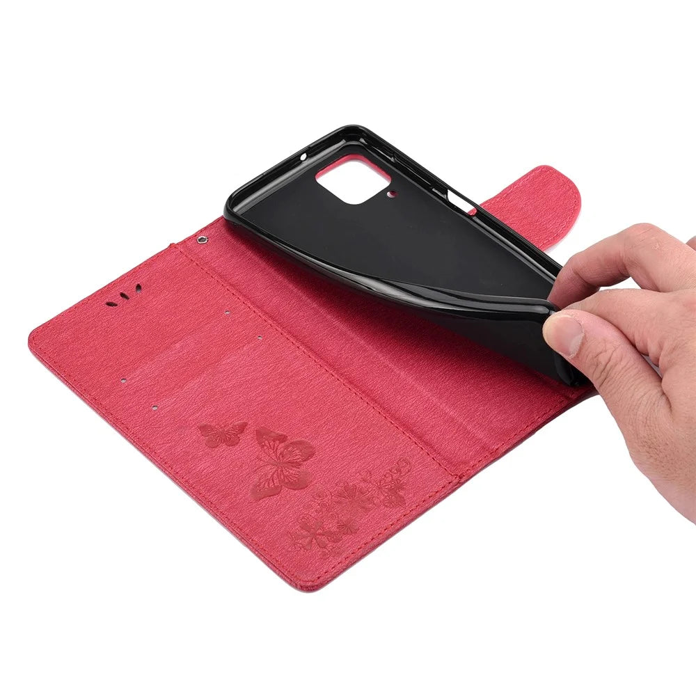 Imprinted Butterflies Flower Leather Wallet Stand Case for Samsung Galaxy A12 - Red - 7