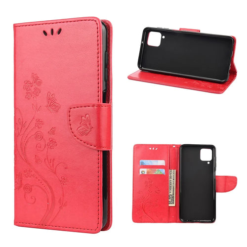 Leather Wallet Butterfly Flower Imprinting Case with Stand for Samsung Galaxy A12 - Red - 1