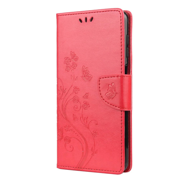 Leather Wallet Butterfly Flower Imprinting Case with Stand for Samsung Galaxy A12 - Red - 2