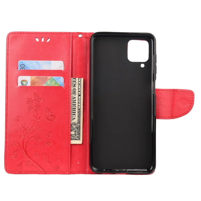Leather Wallet Butterfly Flower Imprinting Case with Stand for Samsung Galaxy A12 - Red - 4