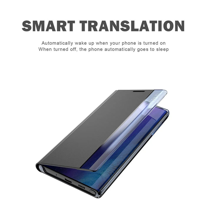For Samsung Galaxy A12 View Window Auto-Absorbed Phone Case Flip Leather Stand Cell Phone Shell - Black - 7