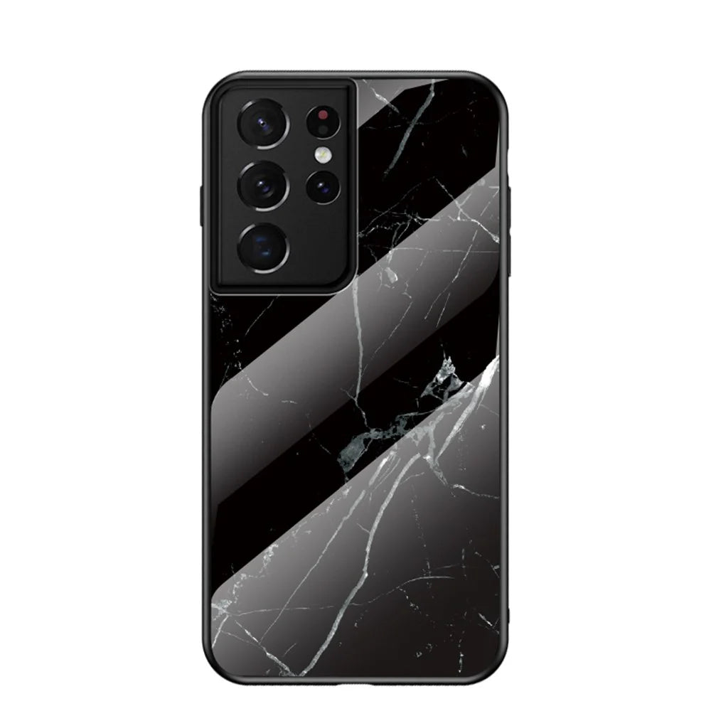 Marble Pattern Tempered Glass + PC + TPU Phone Shell for Samsung Galaxy S21 Ultra 5G - Black - 1