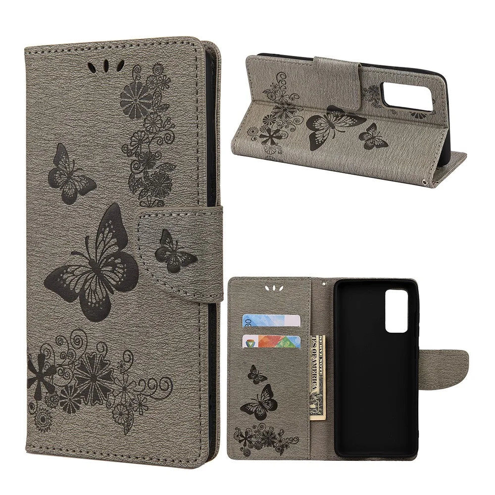 Imprinted Butterflies Flower Leather Wallet Stand Case for Samsung Galaxy A72 5G / A72 4G - Grey - 1