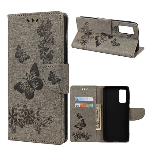 Imprinted Butterflies Flower Leather Wallet Stand Case for Samsung Galaxy A72 5G / A72 4G - Grey - 1