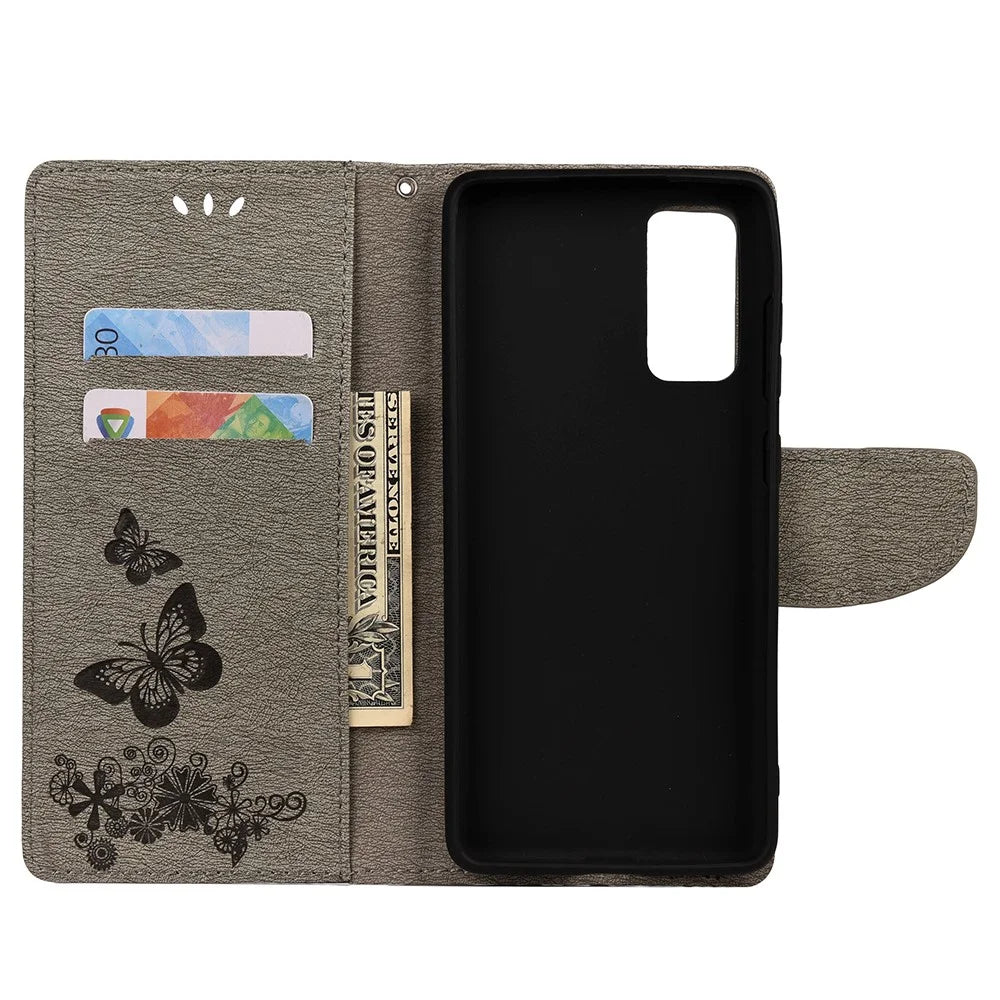 Imprinted Butterflies Flower Leather Wallet Stand Case for Samsung Galaxy A72 5G / A72 4G - Grey - 4