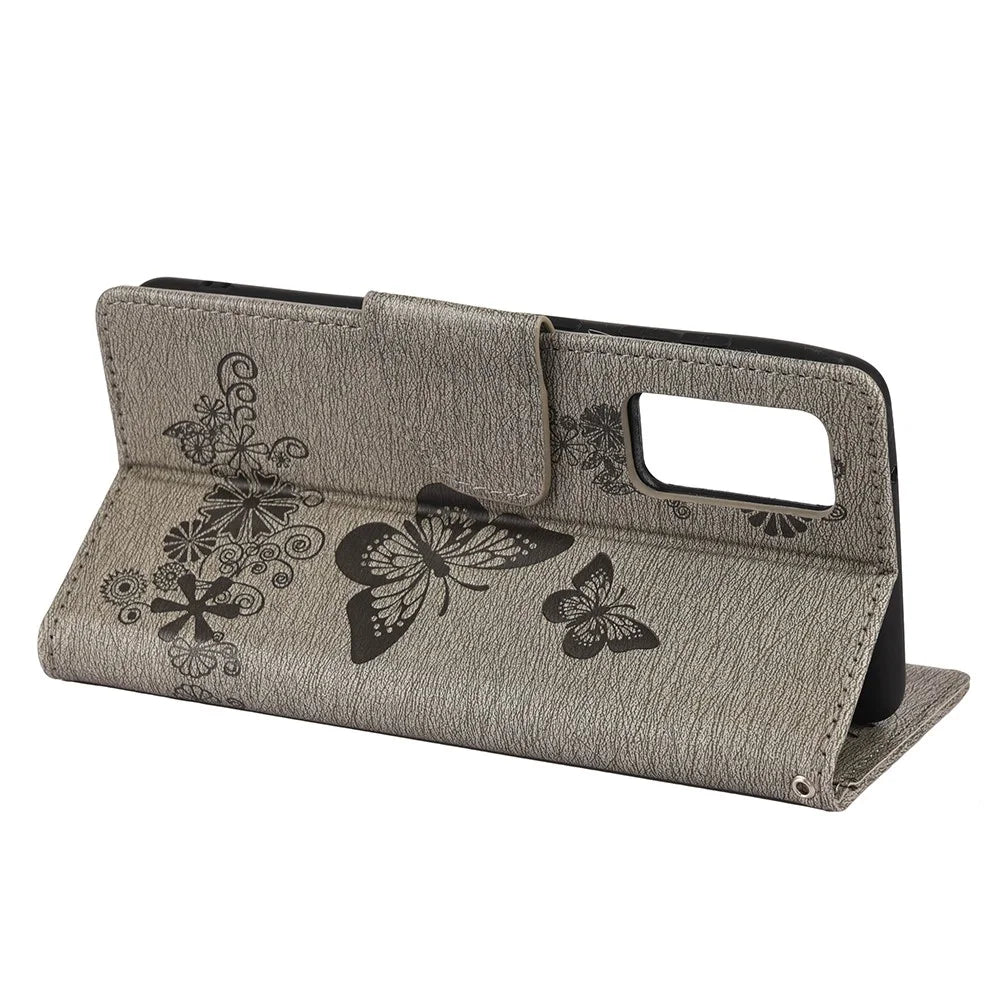 Imprinted Butterflies Flower Leather Wallet Stand Case for Samsung Galaxy A72 5G / A72 4G - Grey - 6