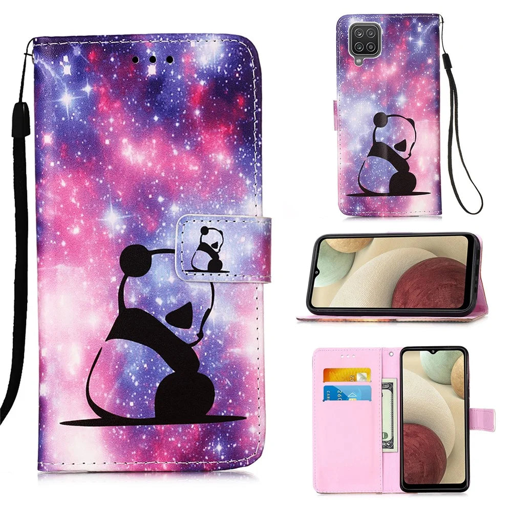 TPU + PU Leather Wallet Stand Case with Pattern Printing for Samsung Galaxy A12/M12 - Panda - 1