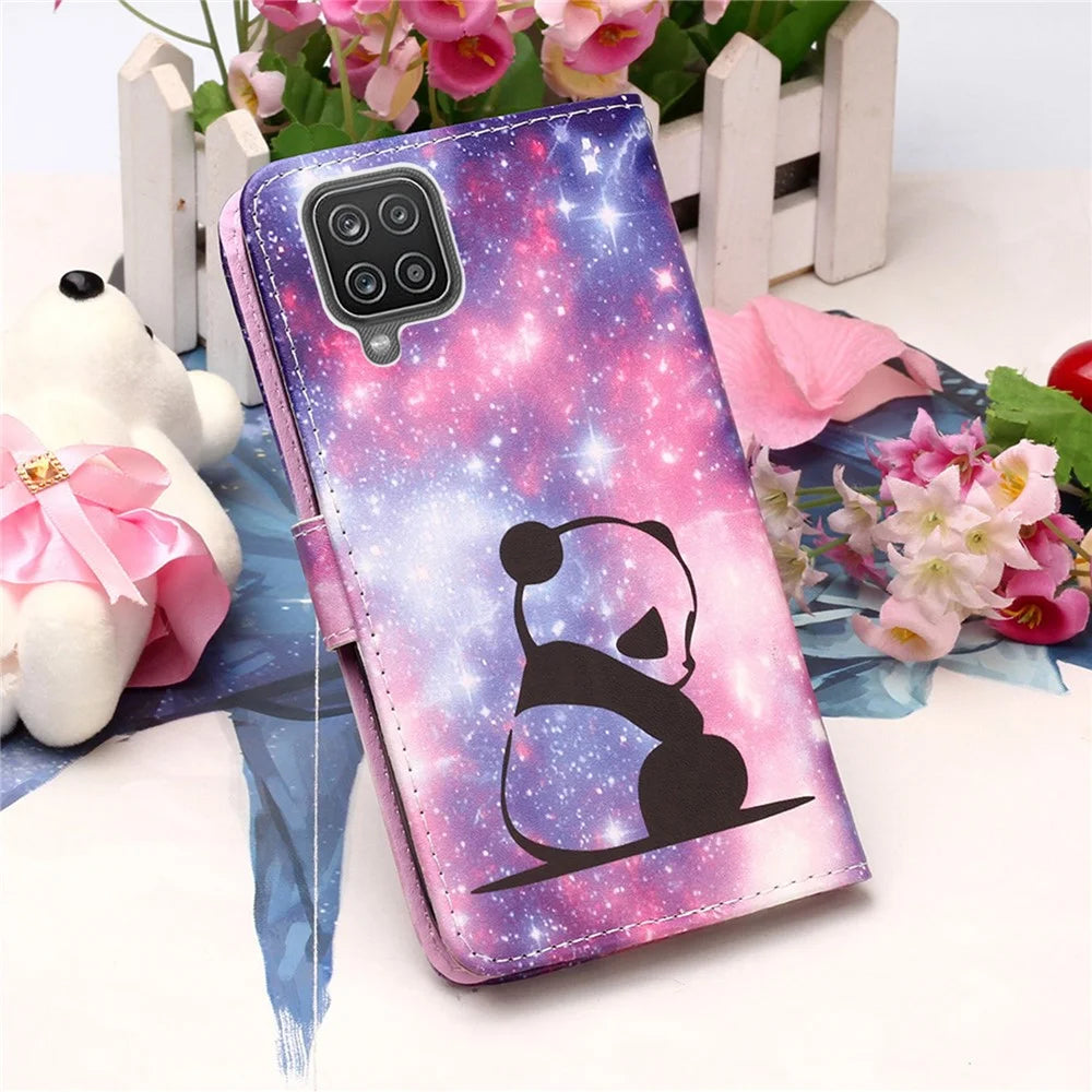 TPU + PU Leather Wallet Stand Case with Pattern Printing for Samsung Galaxy A12/M12 - Panda - 7