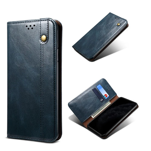 Waxy Crazy Horse Texture TPU + PU Leather Case Cover for Samsung Galaxy A12 - Blue - 1