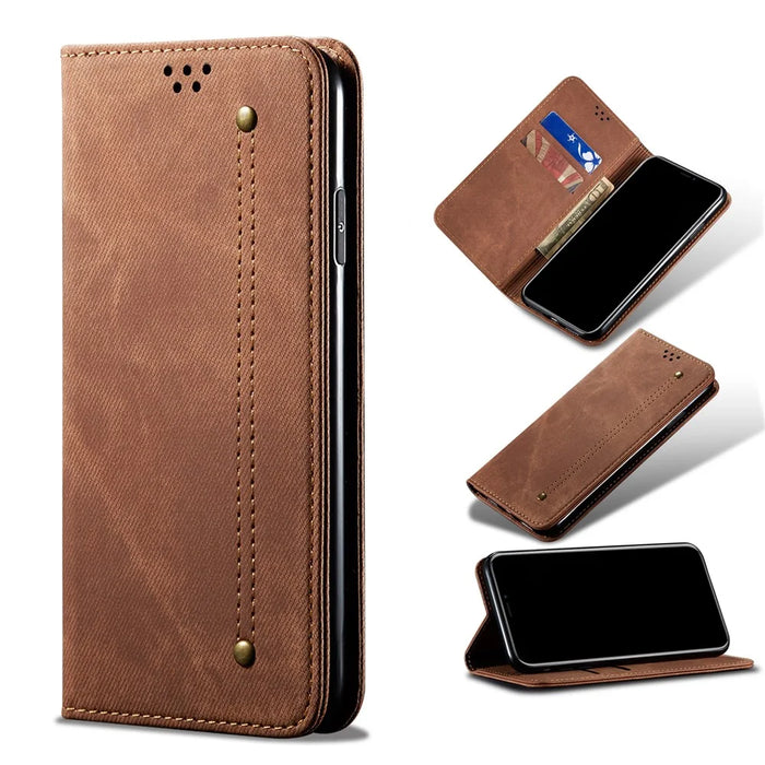 Jeans Cloth Texture Wallet Leather Mobile Phone Protective Cover for Samsung Galaxy A12 - Brown - 1
