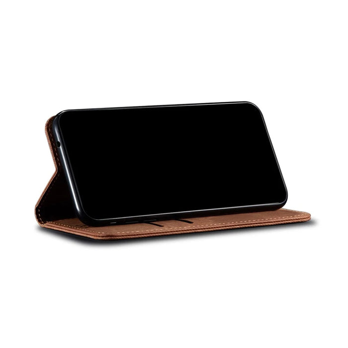 Jeans Cloth Texture Wallet Leather Mobile Phone Protective Cover for Samsung Galaxy A12 - Brown - 6