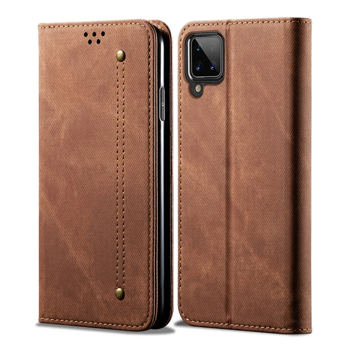 Jeans Cloth Texture Wallet Leather Mobile Phone Protective Cover for Samsung Galaxy A12 - Brown - 7