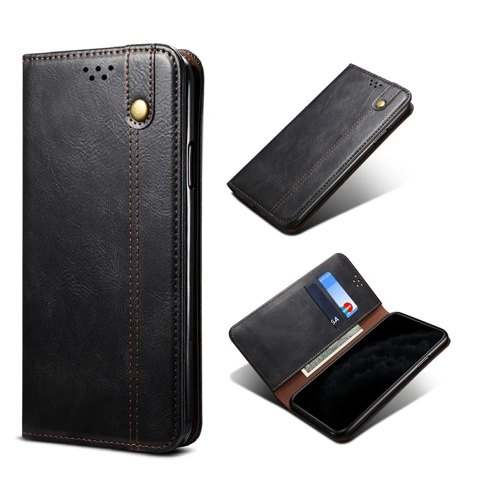 Waxy Crazy Horse Texture TPU + PU Leather Case Cover for Samsung Galaxy A32 5G/M32 5G - Black - 1