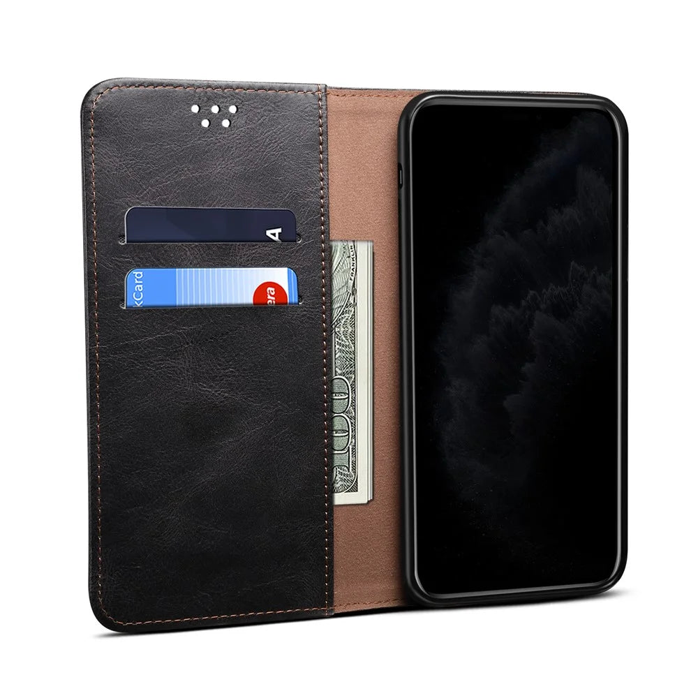 Waxy Crazy Horse Texture TPU + PU Leather Case Cover for Samsung Galaxy A32 5G/M32 5G - Black - 6