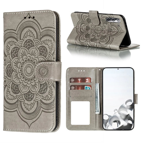 Imprint Mandala Flower Leather Phone Cover for Samsung Galaxy S21 4G/5G Stand Case - Grey - 1