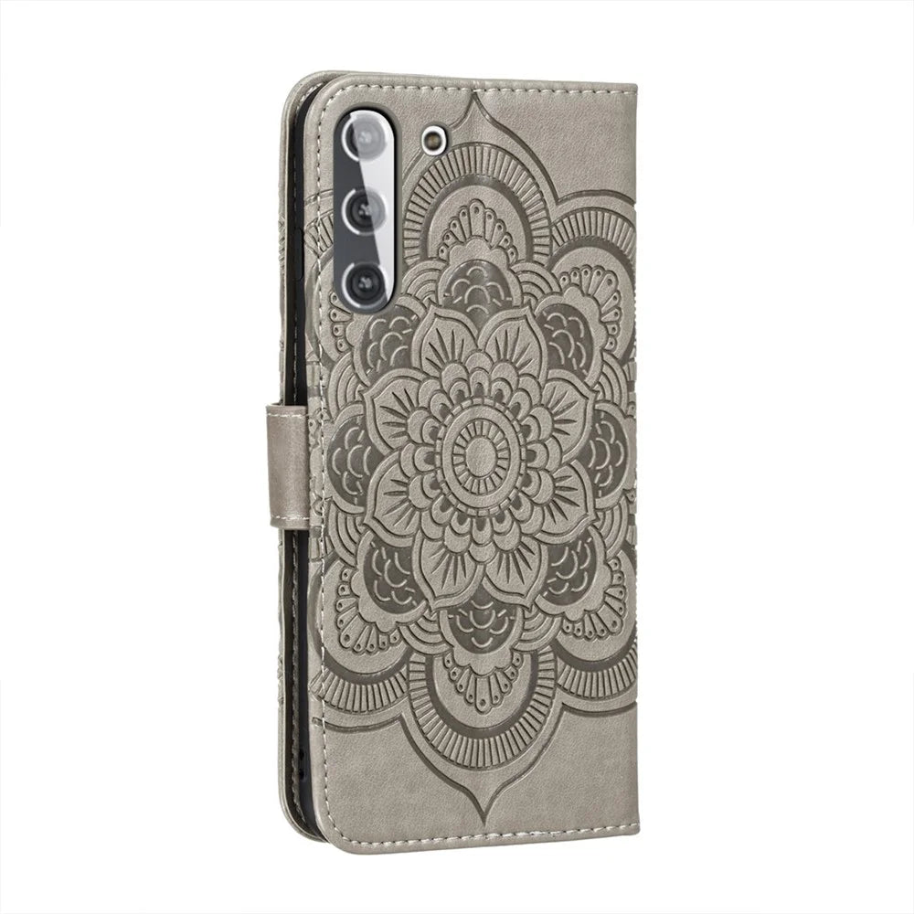 Imprint Mandala Flower Leather Phone Cover for Samsung Galaxy S21 4G/5G Stand Case - Grey - 3
