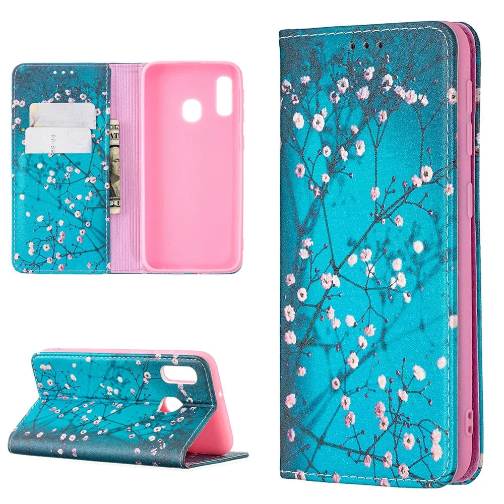 Pattern Printing Auto-absorbed PU Leather Stand Case for Samsung Galaxy A10e/A20e - Plum Blossom - 1