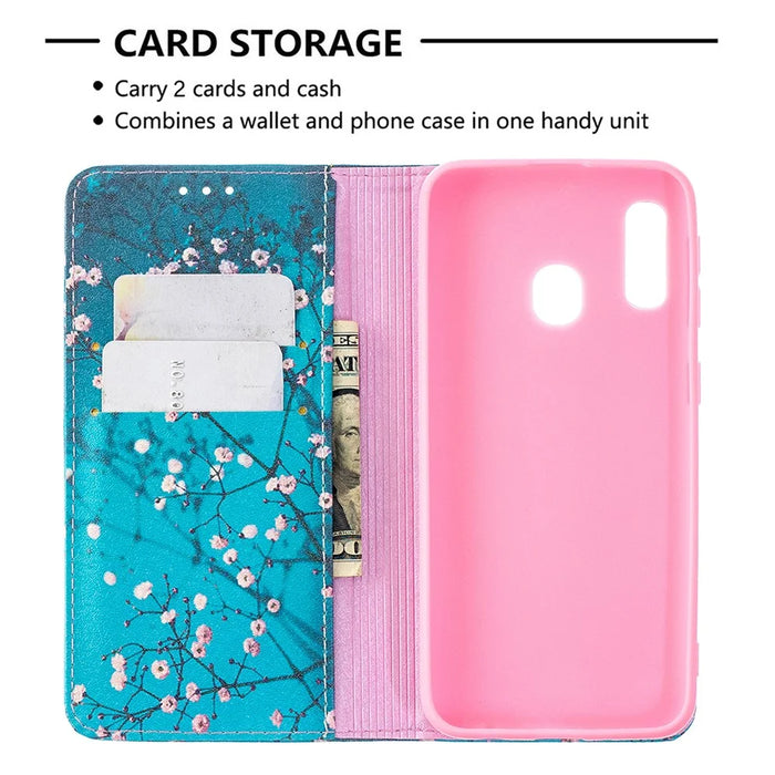 Pattern Printing Auto-absorbed PU Leather Stand Case for Samsung Galaxy A10e/A20e - Plum Blossom - 7