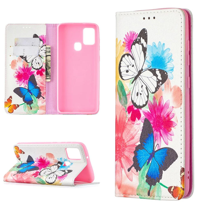 PU Leather Pattern Printing Auto-absorbed Case with Stand for Samsung Galaxy A21s - Two Butterflies - 1