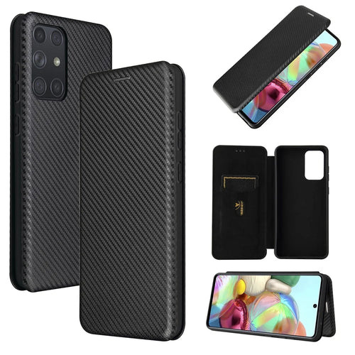 For Samsung Galaxy A72 5G Leather Phone Case Carbon Fiber Flip Cover with Card Holder Auto-absorbed Cover Case - Black - 1