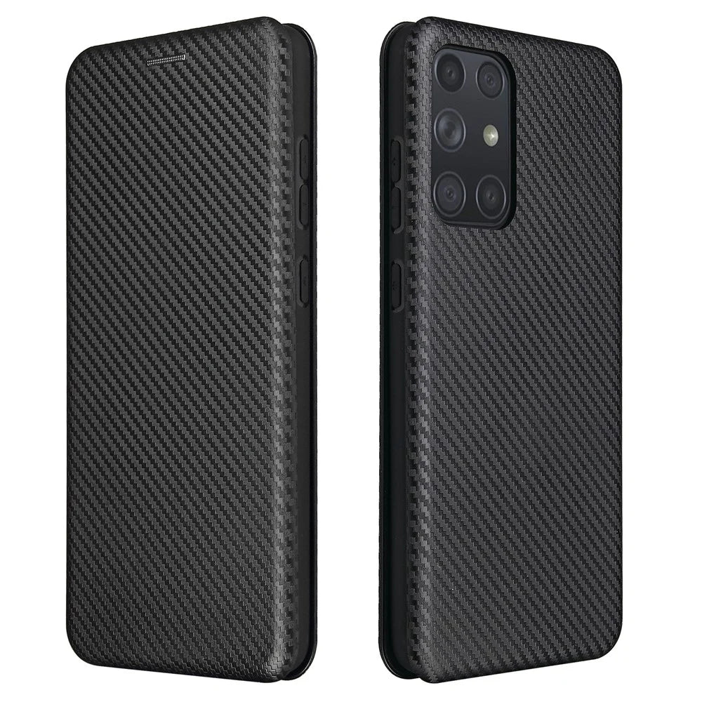 For Samsung Galaxy A72 5G Leather Phone Case Carbon Fiber Flip Cover with Card Holder Auto-absorbed Cover Case - Black - 2