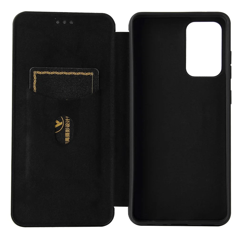 For Samsung Galaxy A72 5G Leather Phone Case Carbon Fiber Flip Cover with Card Holder Auto-absorbed Cover Case - Black - 3