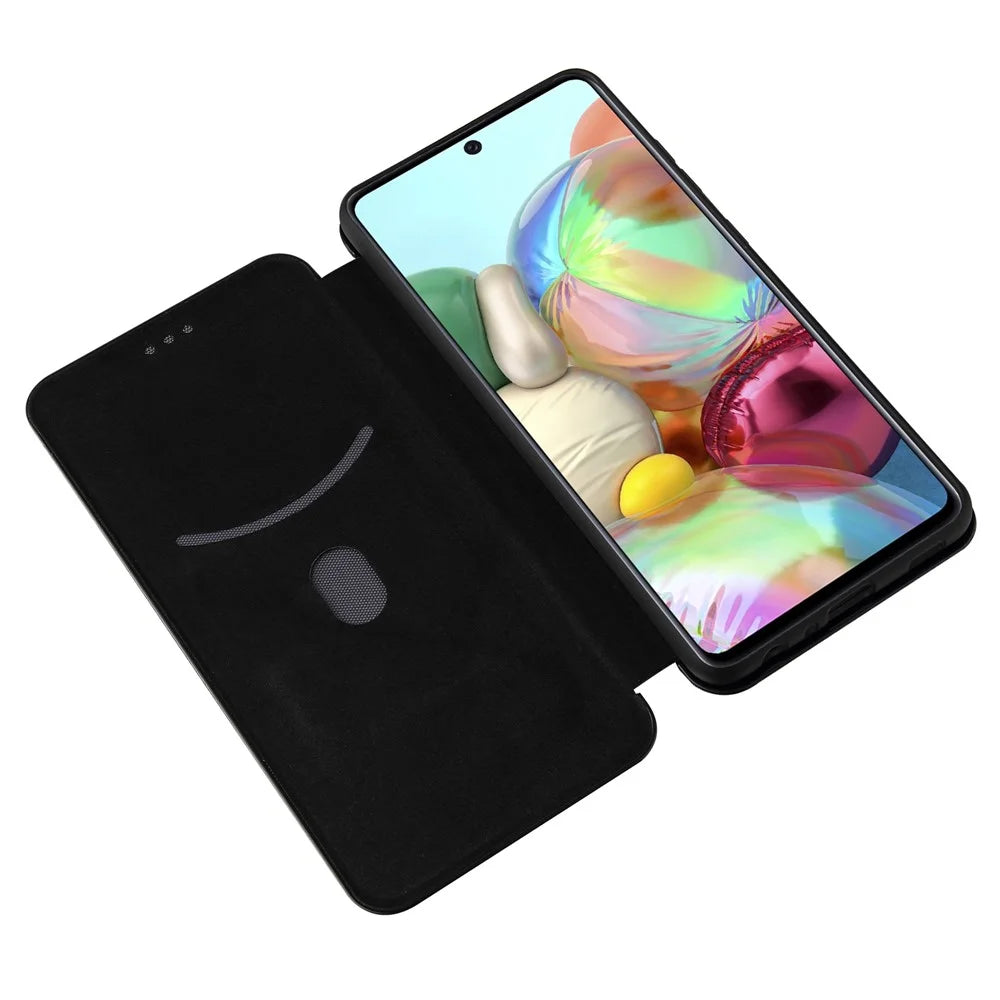 For Samsung Galaxy A72 5G Leather Phone Case Carbon Fiber Flip Cover with Card Holder Auto-absorbed Cover Case - Black - 4