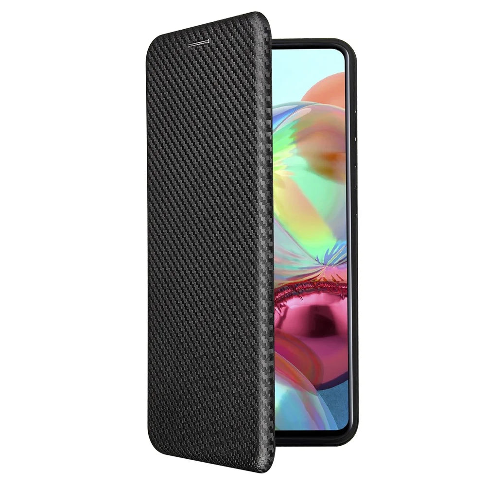 For Samsung Galaxy A72 5G Leather Phone Case Carbon Fiber Flip Cover with Card Holder Auto-absorbed Cover Case - Black - 5