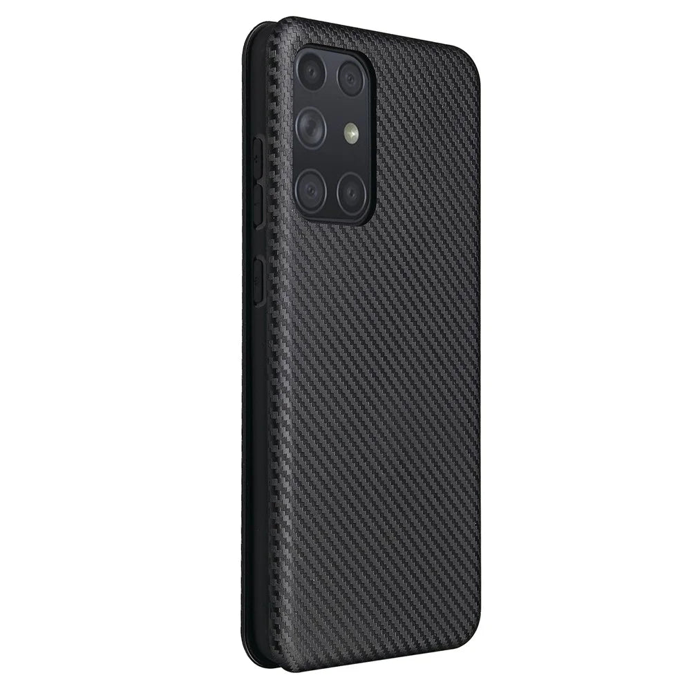 For Samsung Galaxy A72 5G Leather Phone Case Carbon Fiber Flip Cover with Card Holder Auto-absorbed Cover Case - Black - 6