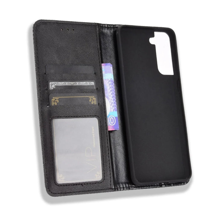 Retro Style Auto-absorbed Wallet Stand TPU + PU Leather Phone Case for Samsung Galaxy S21 4G/5G - Black - 5