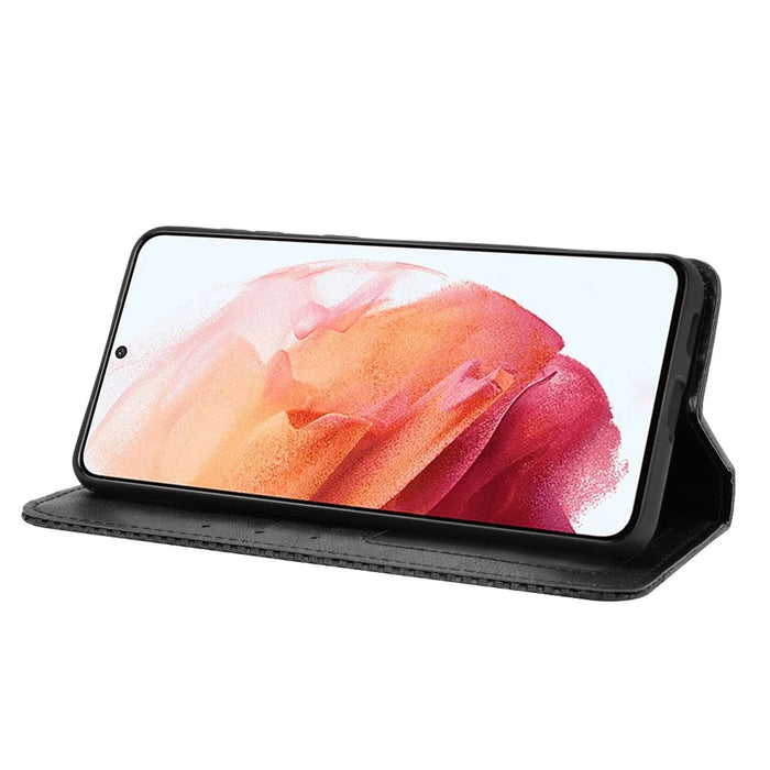 Retro Style Auto-absorbed Wallet Stand TPU + PU Leather Phone Case for Samsung Galaxy S21 4G/5G - Black - 7