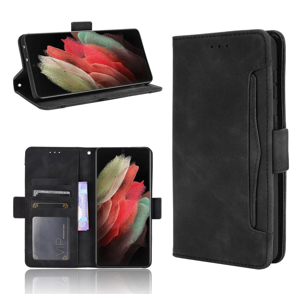 Multiple Card Slots Shell for Samsung Galaxy S21 Ultra 5G Cover Leather Protective Case - Black - 1