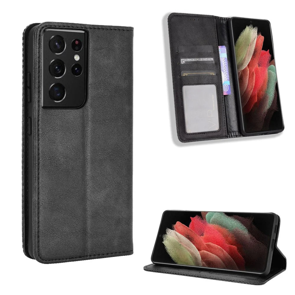 Vintage Style Auto-absorbed Wallet Stand TPU + PU Leather Phone Case for Samsung Galaxy S21 Ultra 5G - Black - 1