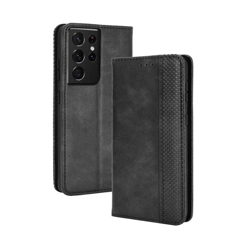 Vintage Style Auto-absorbed Wallet Stand TPU + PU Leather Phone Case for Samsung Galaxy S21 Ultra 5G - Black - 2