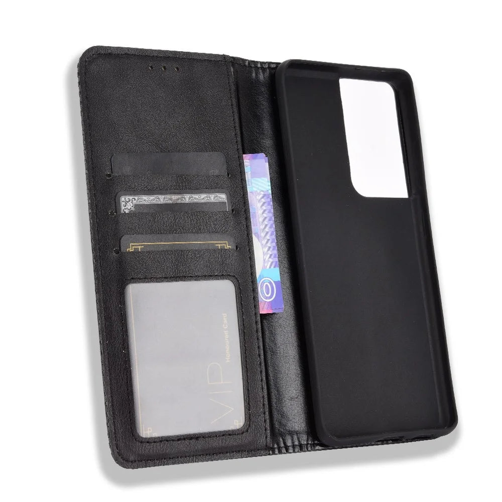 Vintage Style Auto-absorbed Wallet Stand TPU + PU Leather Phone Case for Samsung Galaxy S21 Ultra 5G - Black - 5