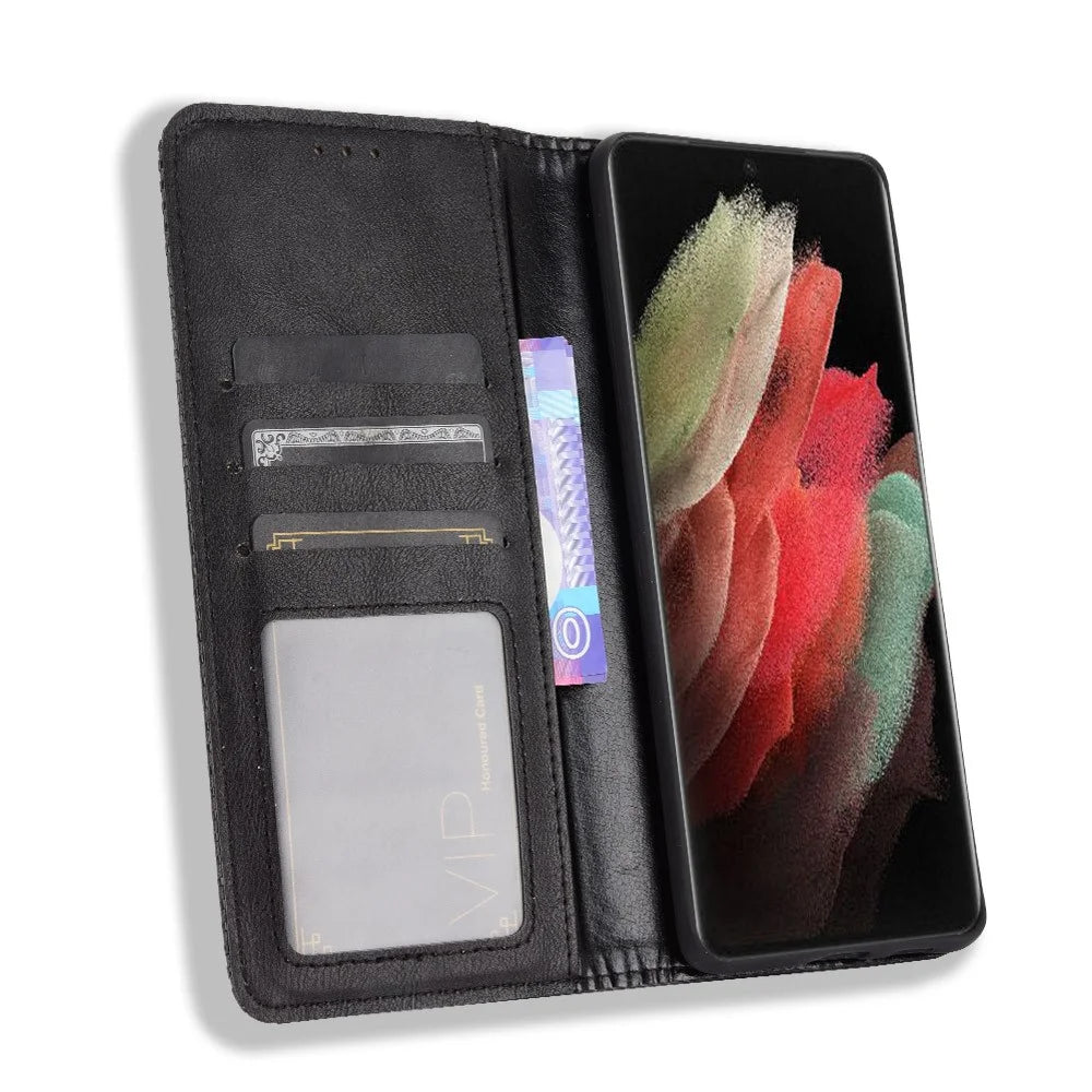 Vintage Style Auto-absorbed Wallet Stand TPU + PU Leather Phone Case for Samsung Galaxy S21 Ultra 5G - Black - 6