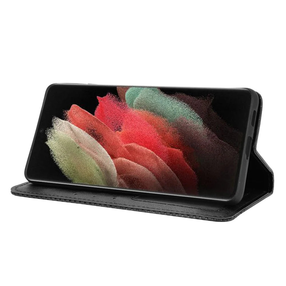 Vintage Style Auto-absorbed Wallet Stand TPU + PU Leather Phone Case for Samsung Galaxy S21 Ultra 5G - Black - 7